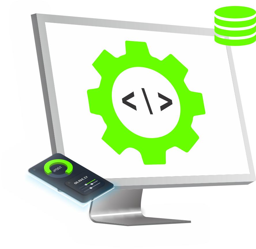 Software de Marketing y Ventas Pantalla realizando un software con código, representando funciones de marketing y ventas.